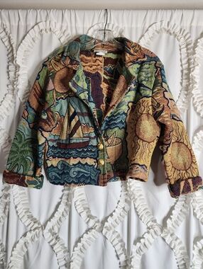 Paco Soler Tapestry Jacket Women's Small Medium Beach Sun Textured Cotton USA